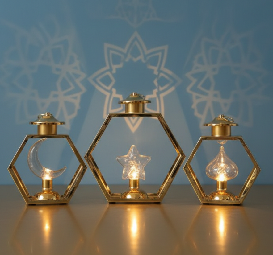 Golden Hexagon Lantern Set – 3 Pieces