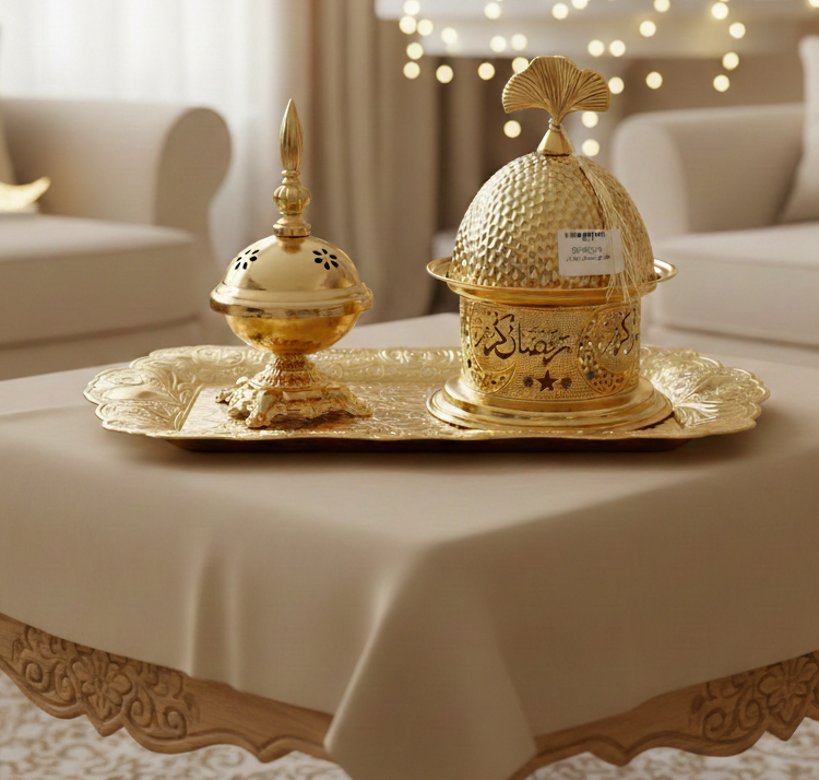 Golden Ramadan Tray, Incense Burner & Dates Bowl Set