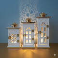Set of 3 Wooden Lanterns with Gold Metal Frame