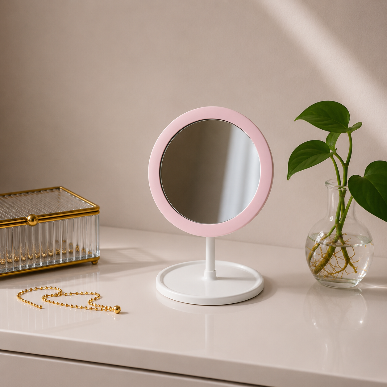 Round Pink and White Pedestal Mirror