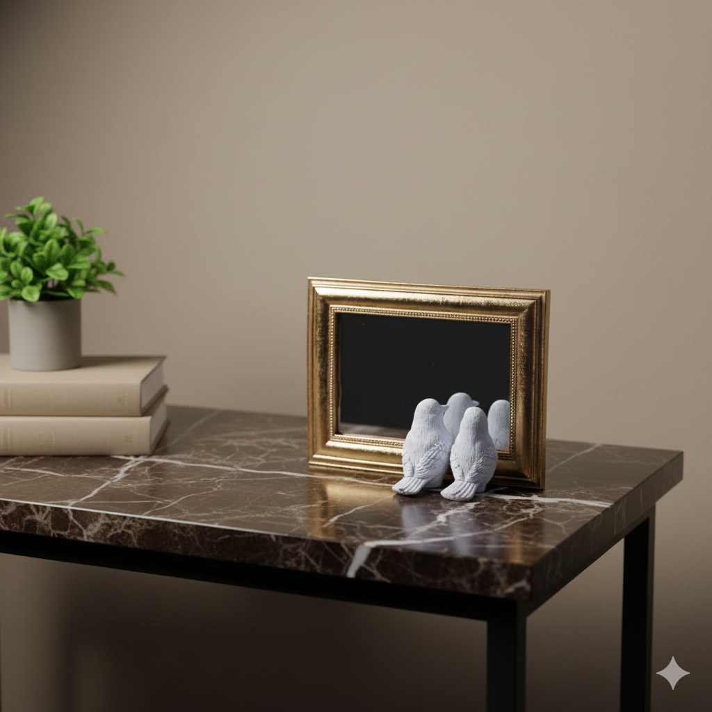 Golden Reflection Mirror and White  Birds Sculpture