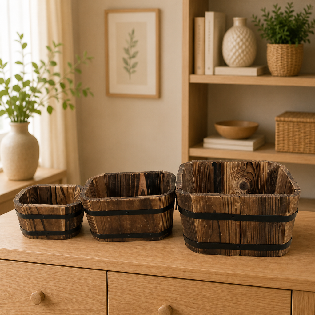 Rustic Wooden Bucket Planters - Set of 3