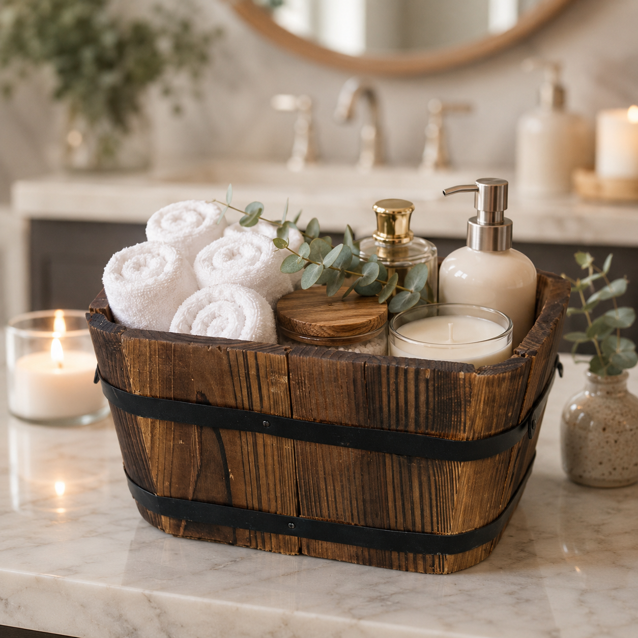 Rustic Wooden Bucket Planters - Set of 3