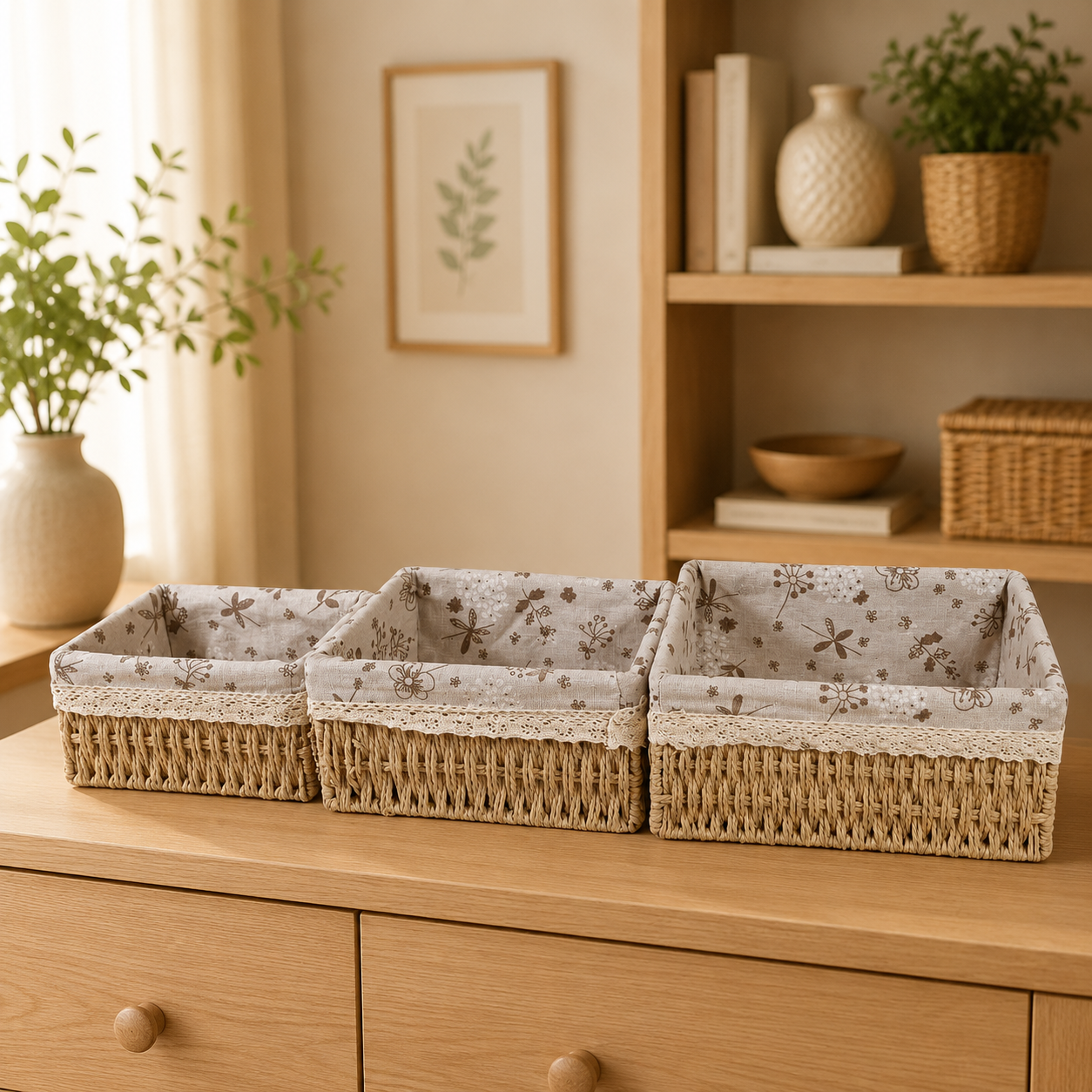 Floral Lined Woven Storage Baskets - Set of 3