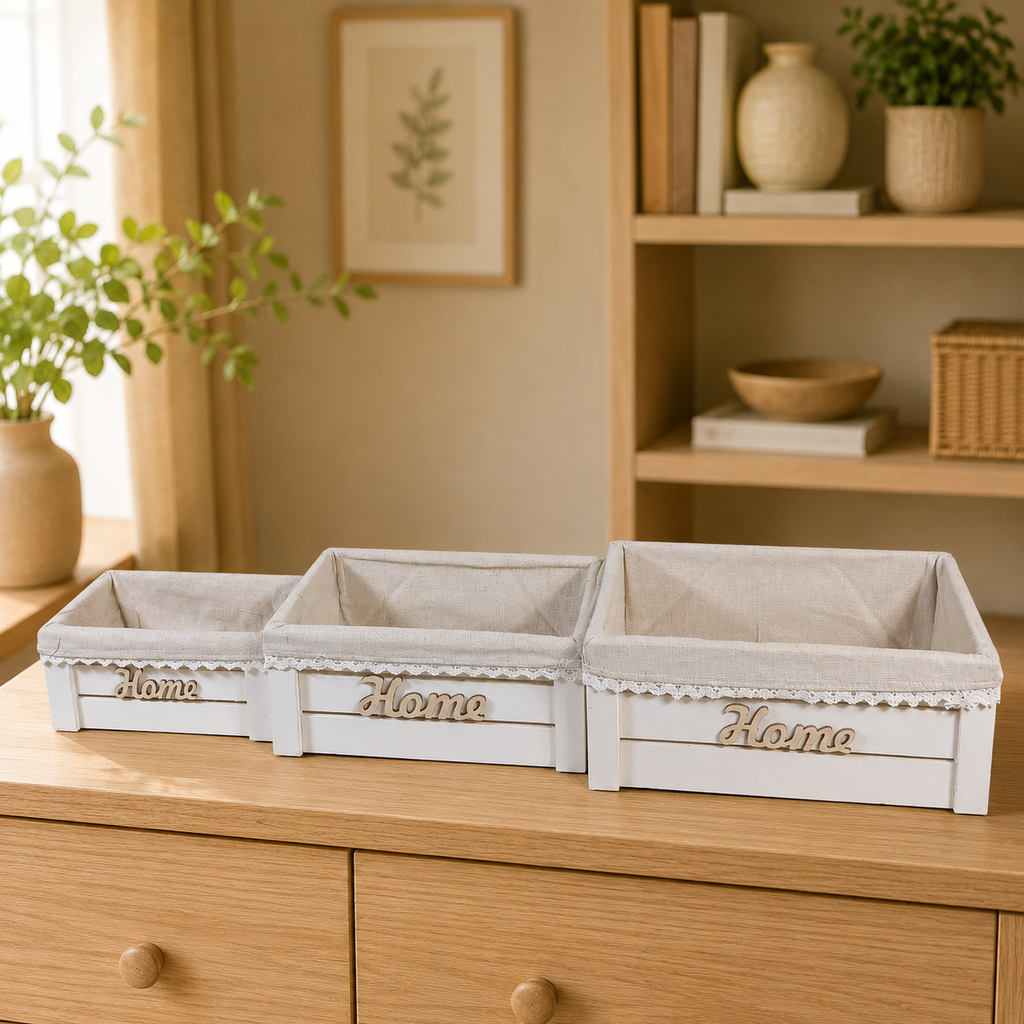 White Wooden "Home" Slatted Crates - Set of 3