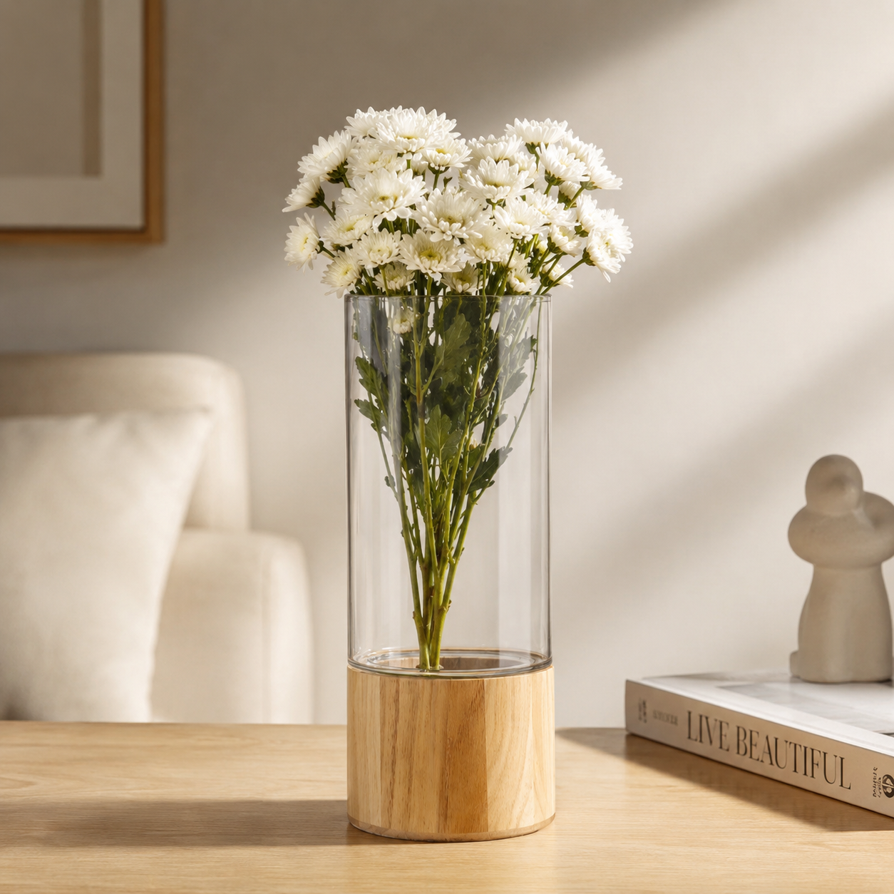 Minimalist Acrylic Vase with Wooden Base 30cm
