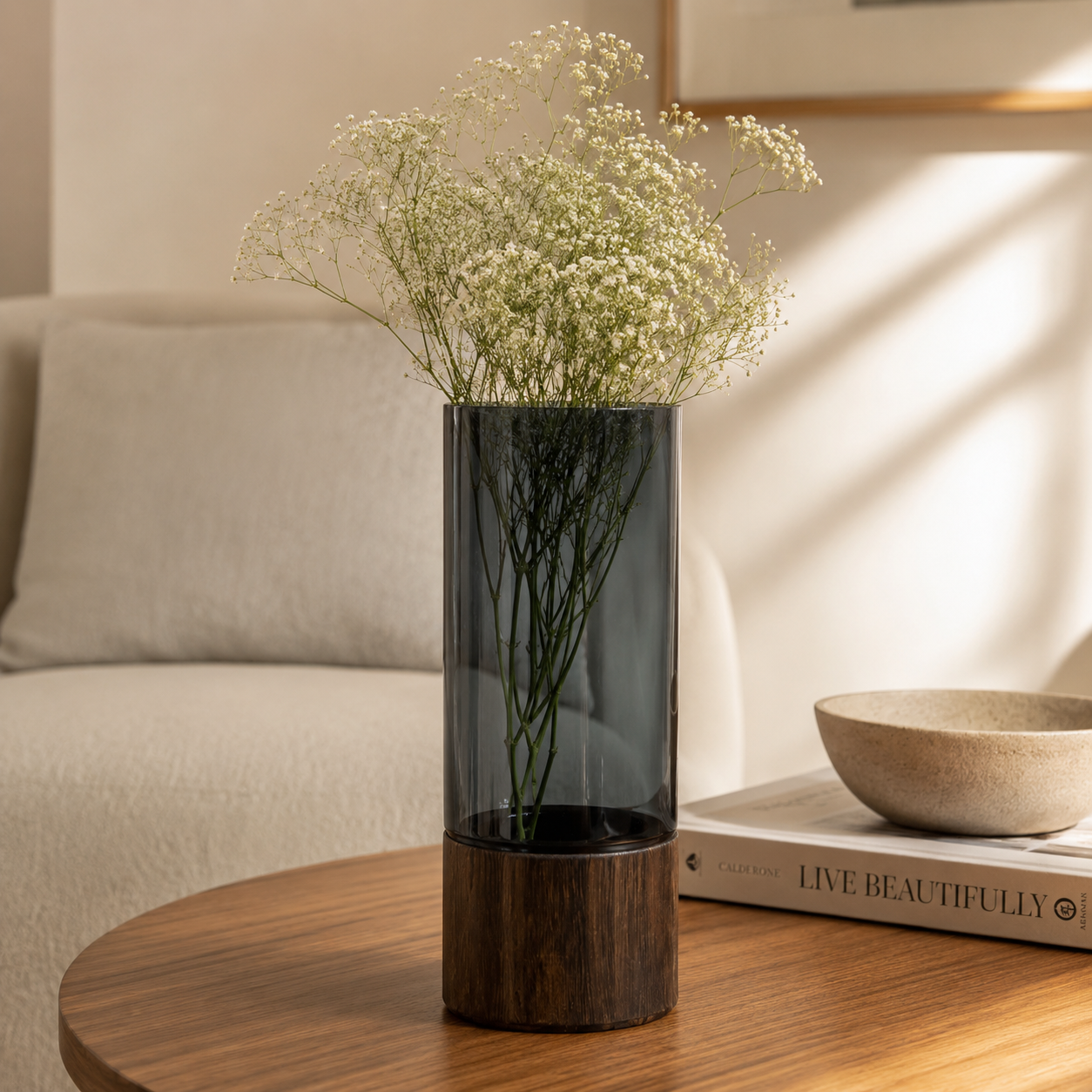 Minimalist Smoked Acrylic Vase with Dark Wooden Base 30cm