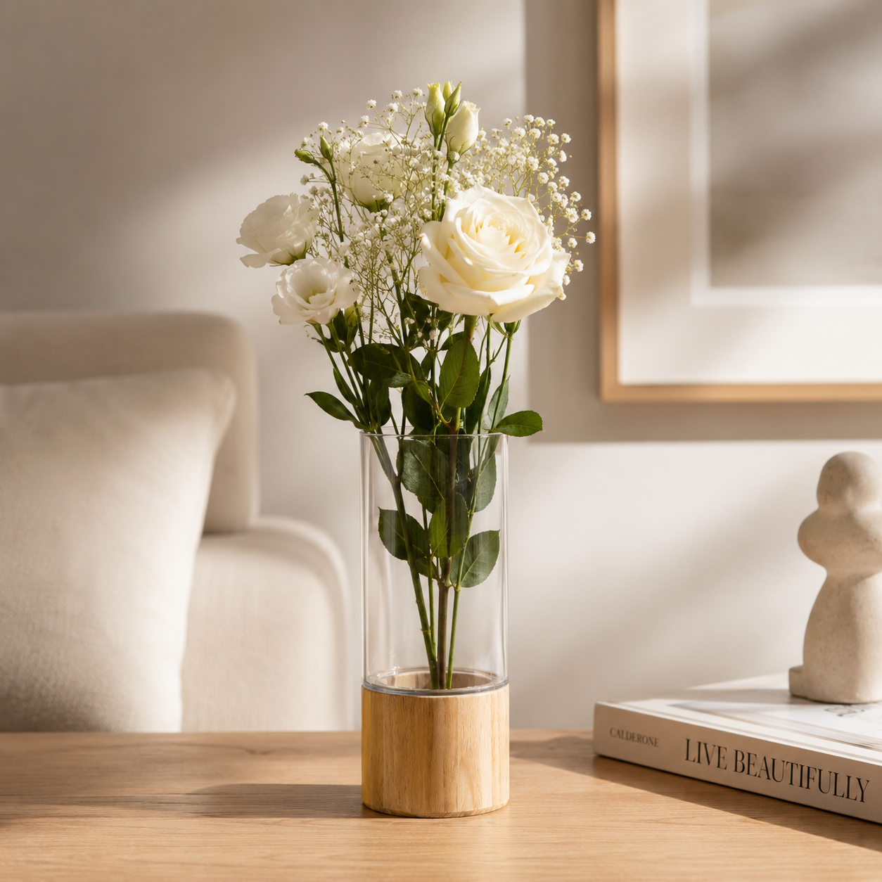 Minimalist Acrylic Vase with Wooden Base 25cm