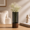 Minimalist Smoked Acrylic Vase with Dark Wooden Base 25cm