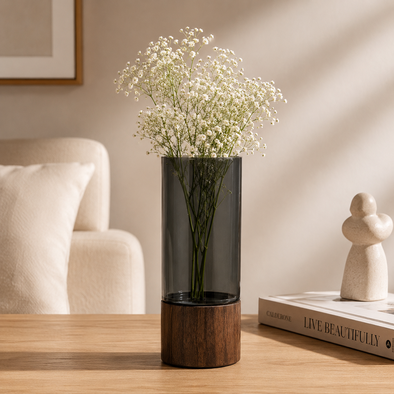 Minimalist Smoked Acrylic Vase with Dark Wooden Base 25cm