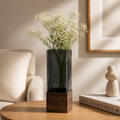 Minimalist Smoked Acrylic Square Vase with Dark Wooden Base 30 cm