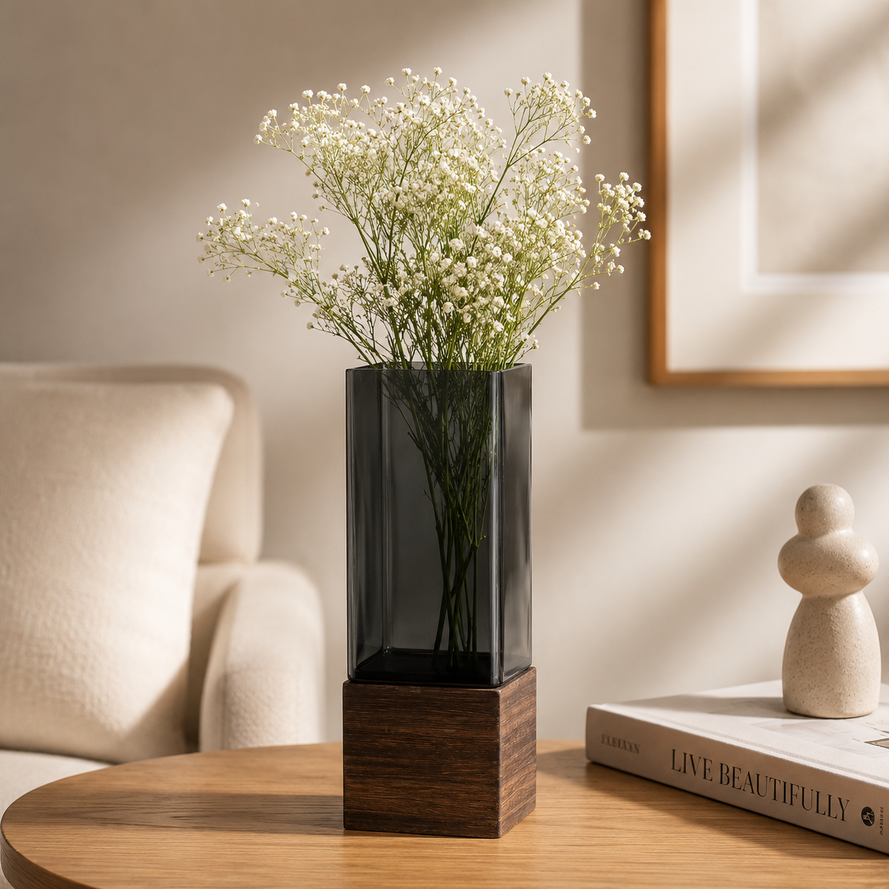 Minimalist Smoked Acrylic Square Vase with Dark Wooden Base 30 cm