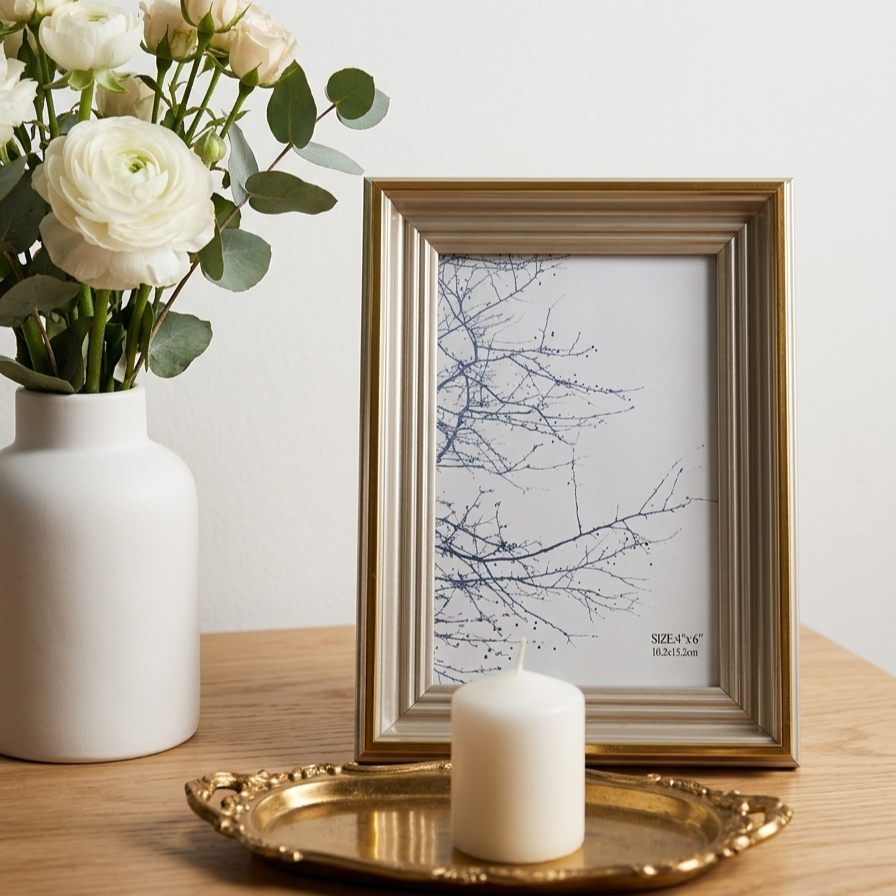 Light Beige Photo Frame with Gold Accents