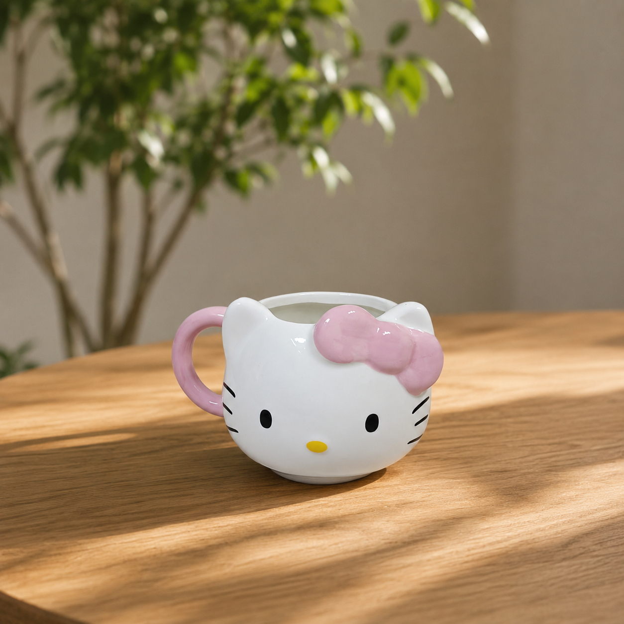 White Ceramic Kitty Character Mug with Pink Bow