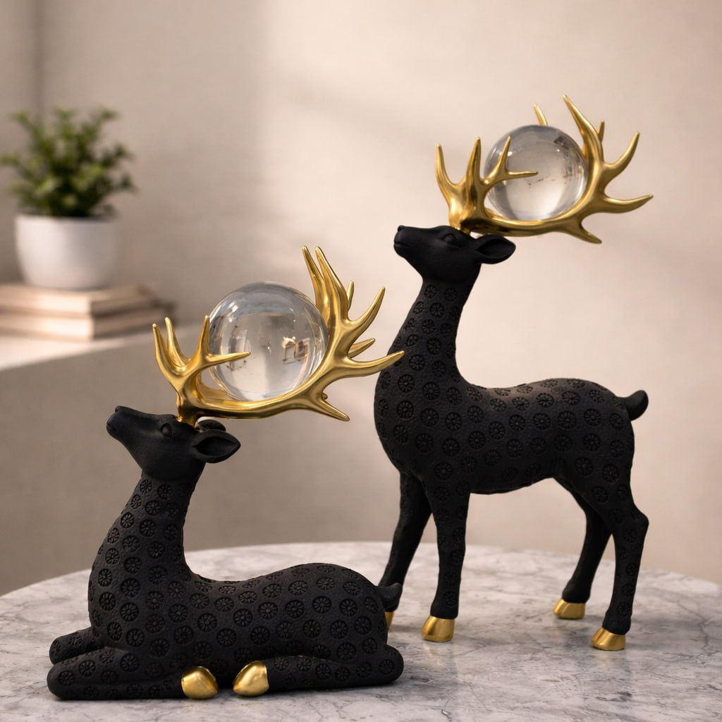 Set Of Two Textured Geometric Deer Figurine Set with Crystal Orb.