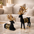 SET OF Two Black Textured Deer Sculptures with Golden Filigree