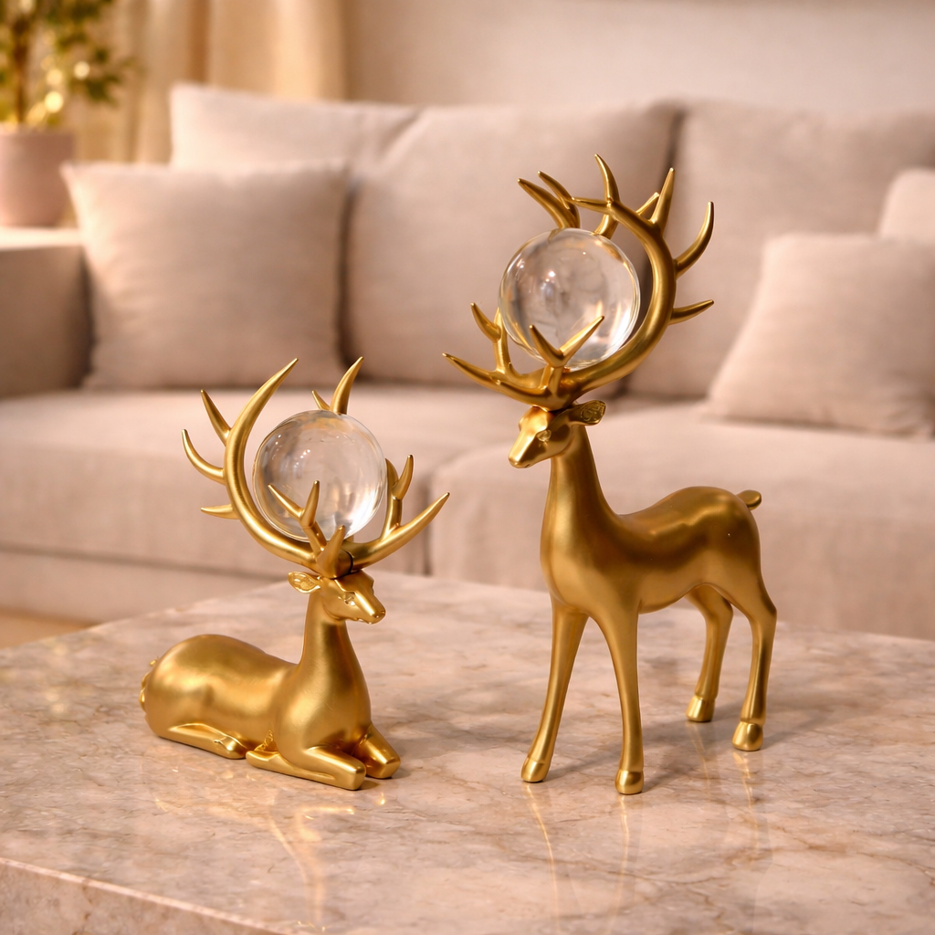 SET OF Two Full Golden Deer Sculptures with Crystal Glass Orbs.