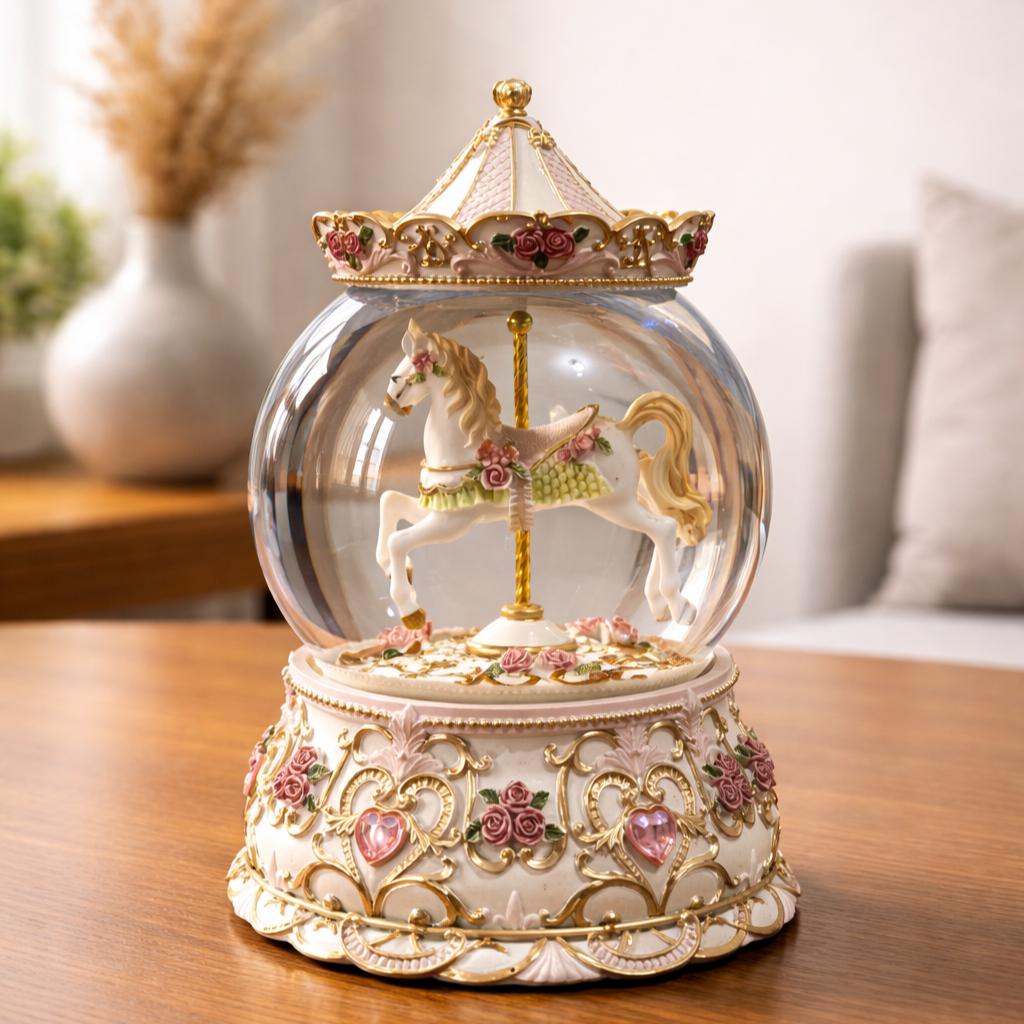 Floral Carousel Horse Snow Globe