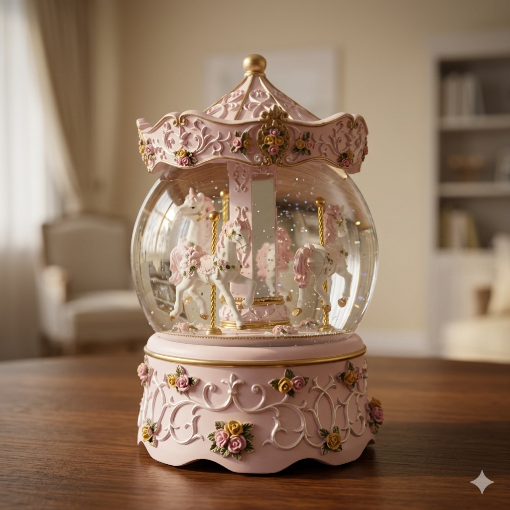 Pink Floral Carousel Horse Water Globe