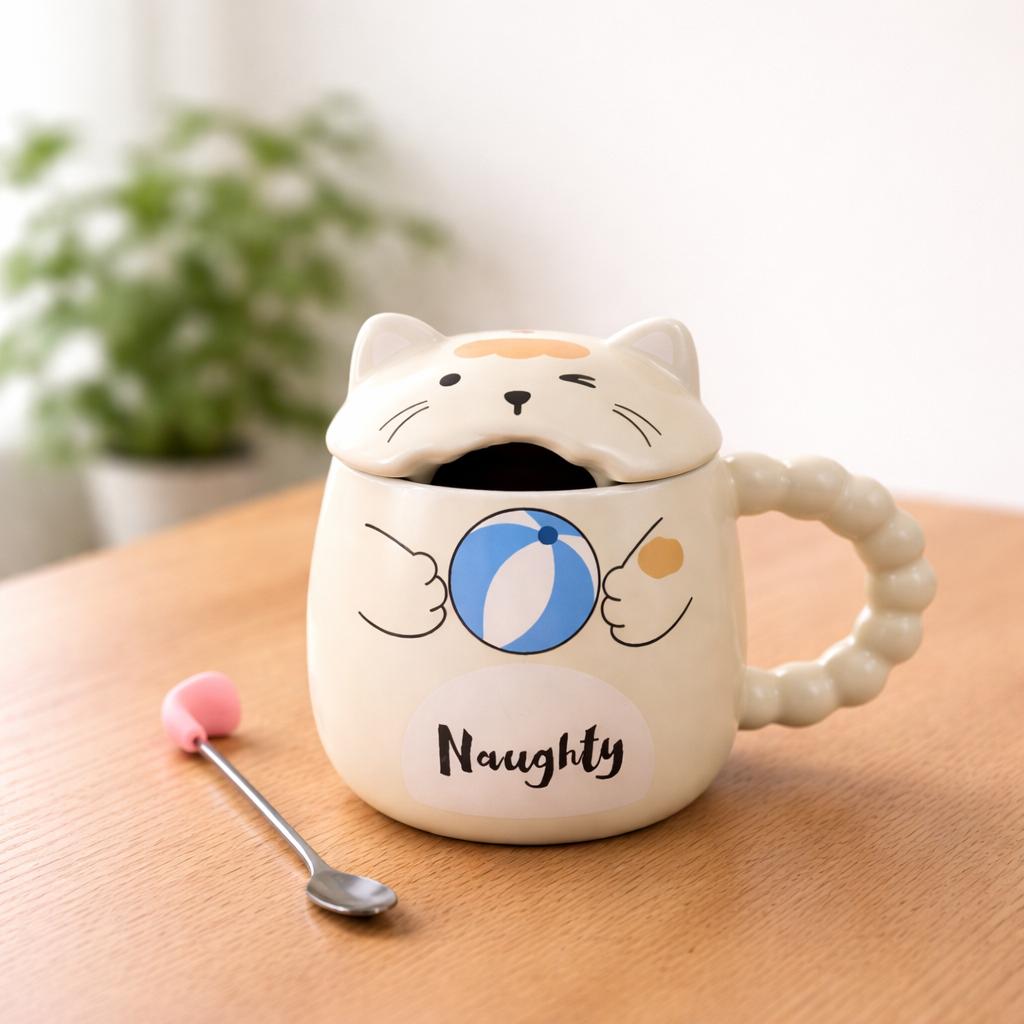 "Naughty" Cat Ceramic Mug with Beaded Handle and Lid