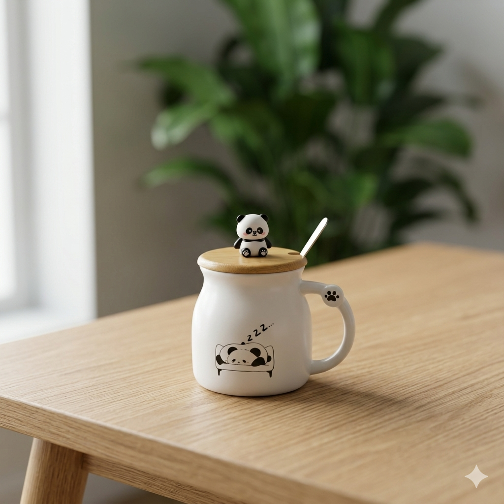 White Ceramic Panda Mug with Wooden Lid