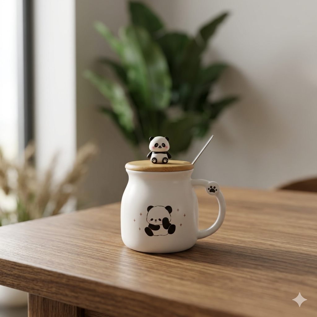 White Ceramic Panda Mug with Wooden Lid