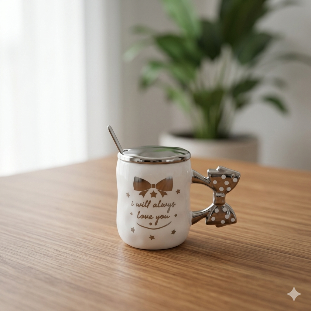 White Ceramic Bow Mug with Silver Mirrored Lid