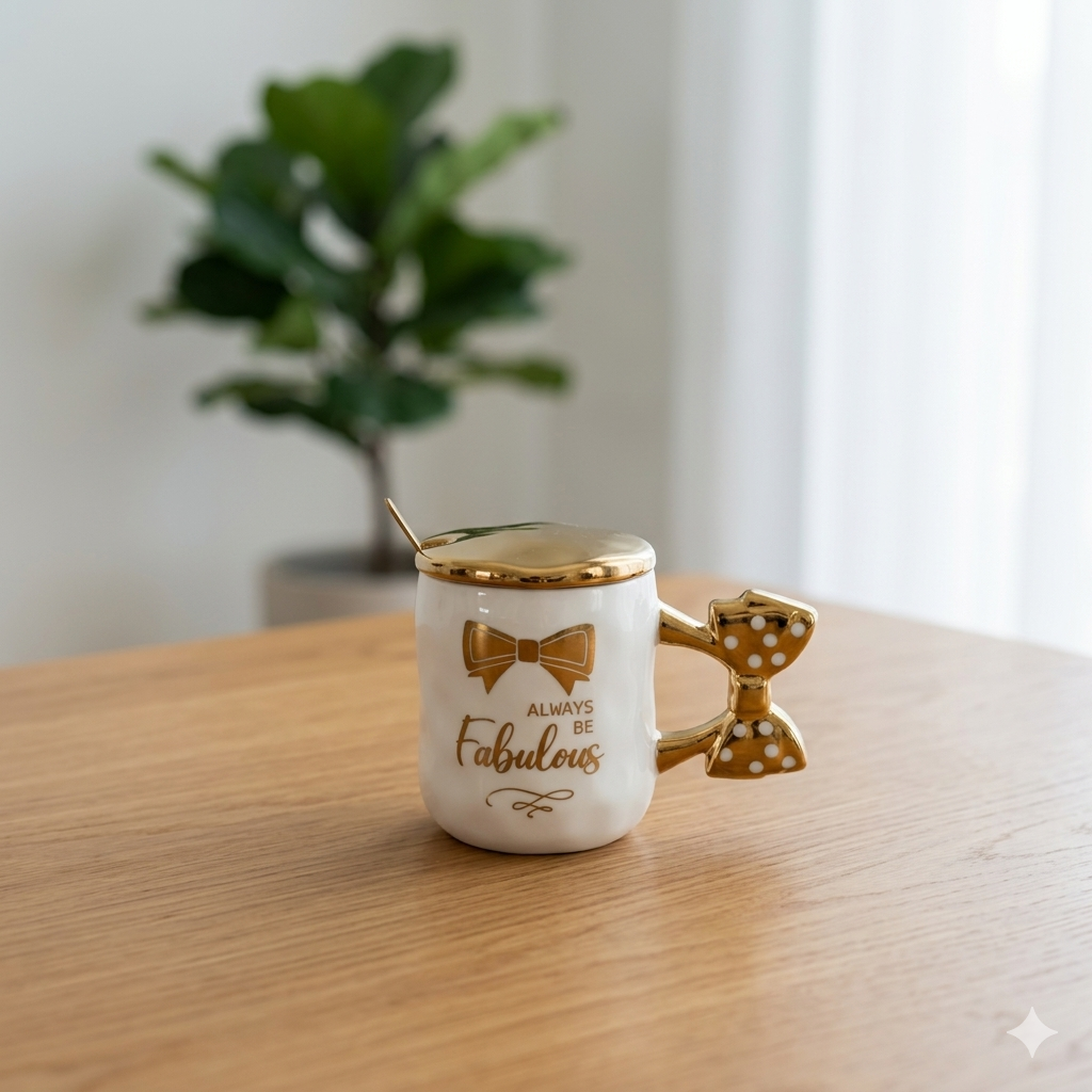White Ceramic Bow Mug with Gold Mirrored Lid