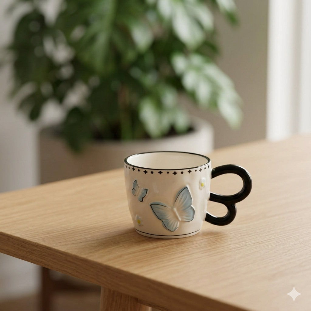 White Ceramic Butterfly Mug with Double-Loop Handle
