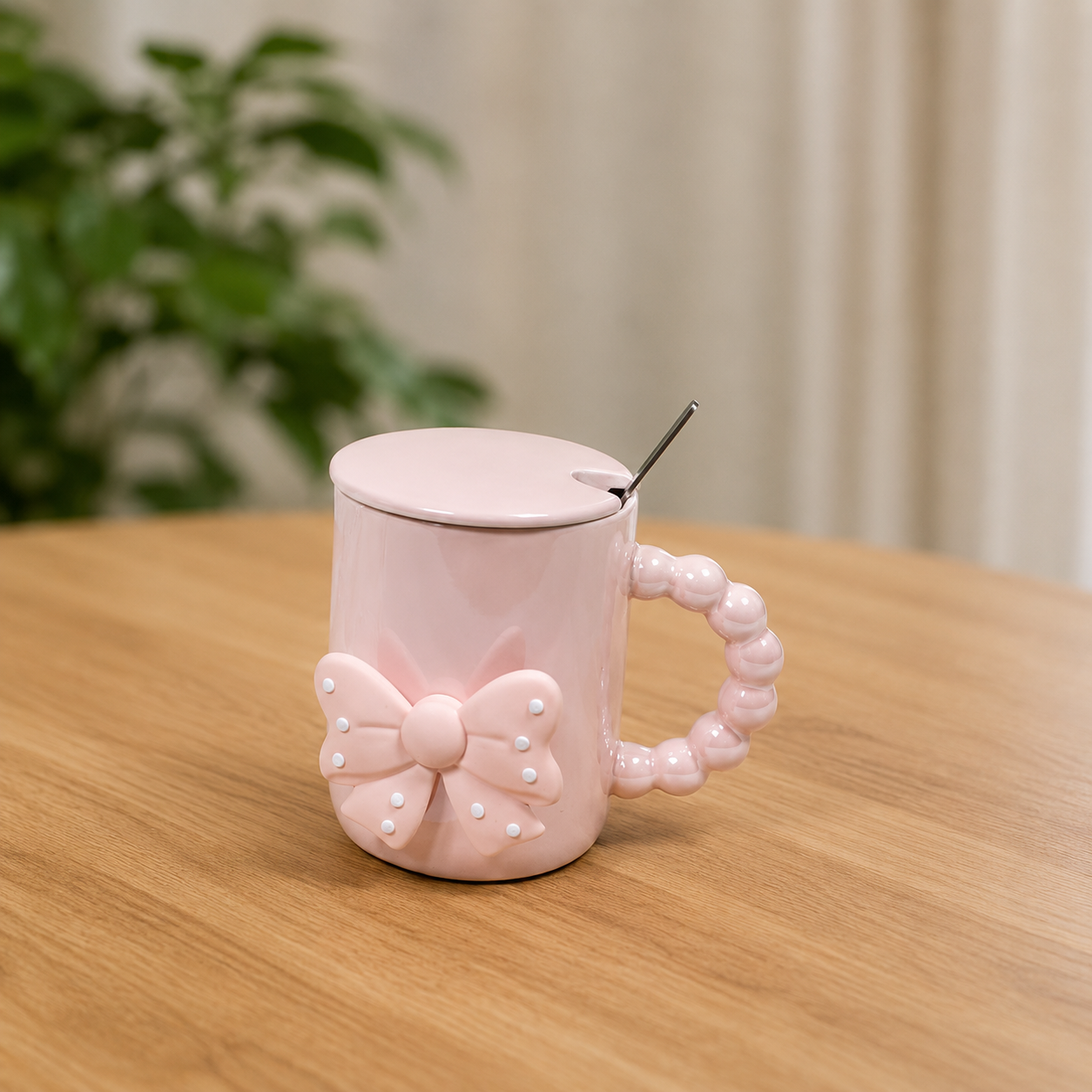 Ceramic Mug with Polka Dot Bow and Beaded Handle