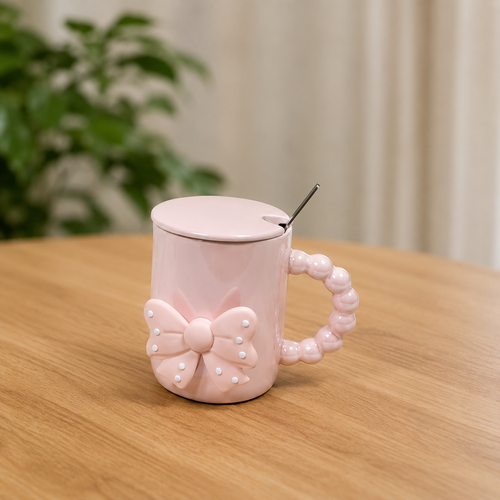 Ceramic Mug with Polka Dot Bow and Beaded Handle