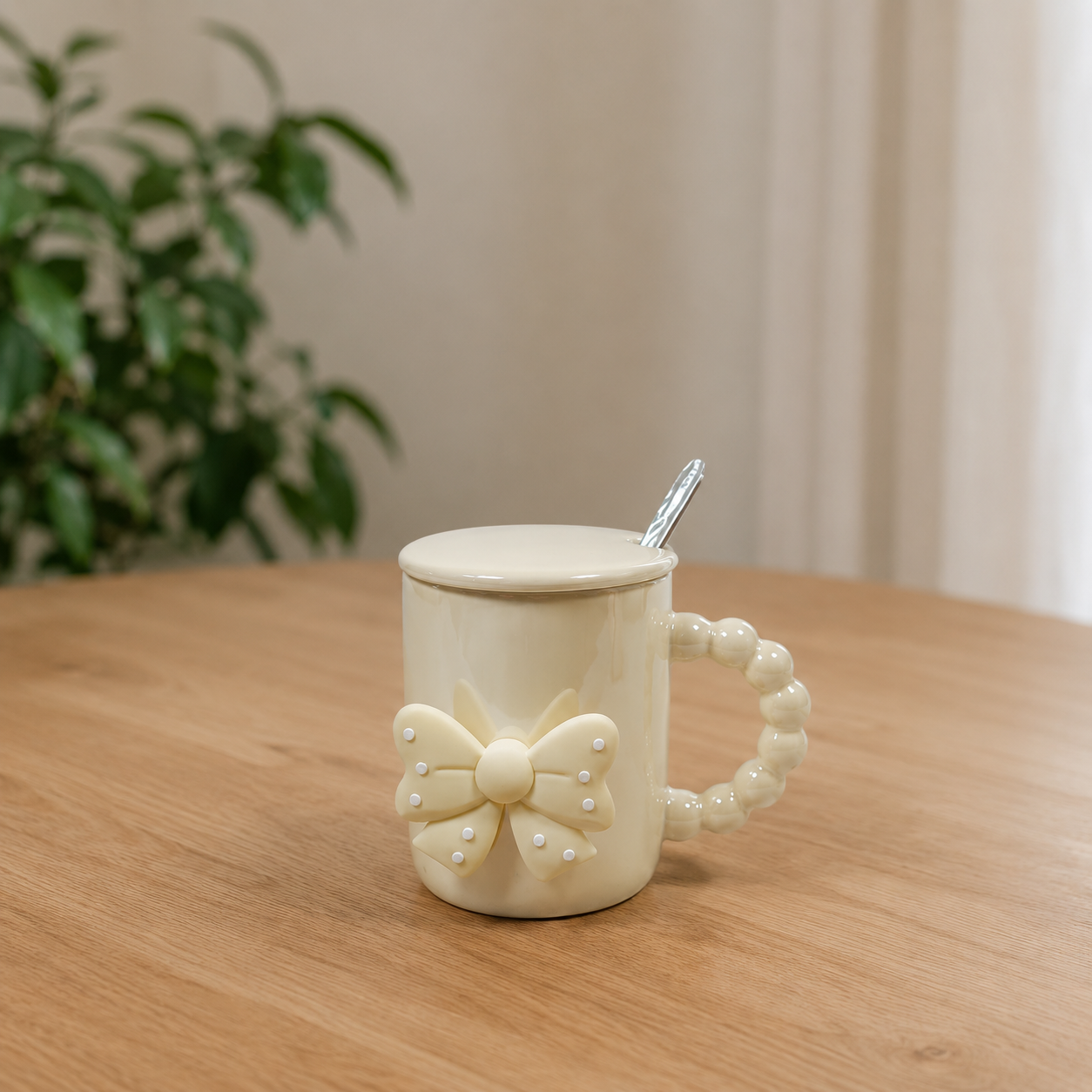 Ceramic Mug with Polka Dot Bow and Beaded Handle