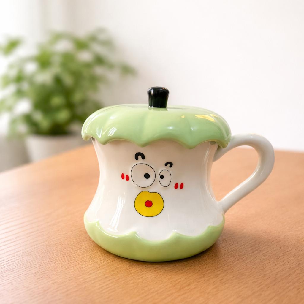 Cabbage-Themed Ceramic Character Mug with Lid