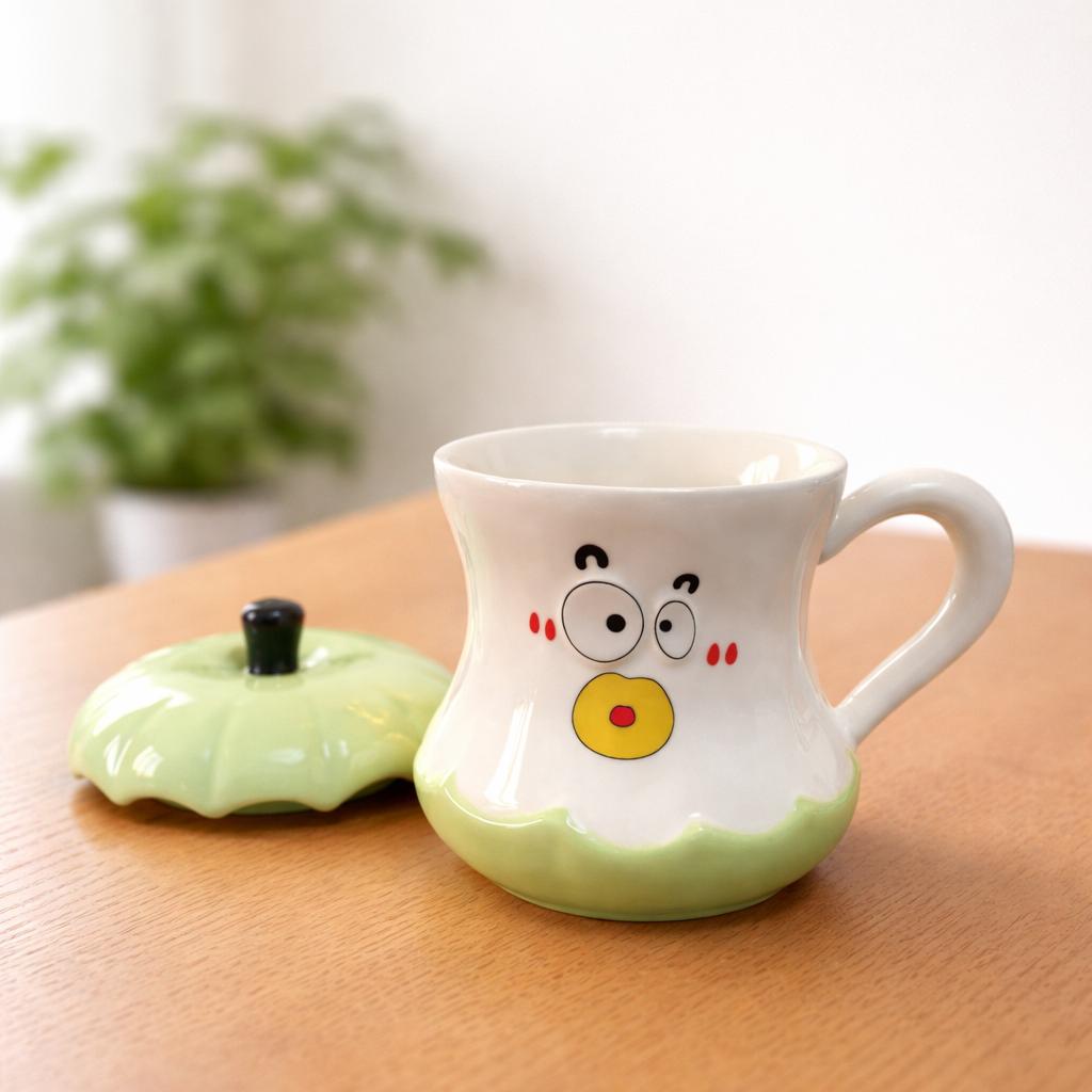 Cabbage-Themed Ceramic Character Mug with Lid