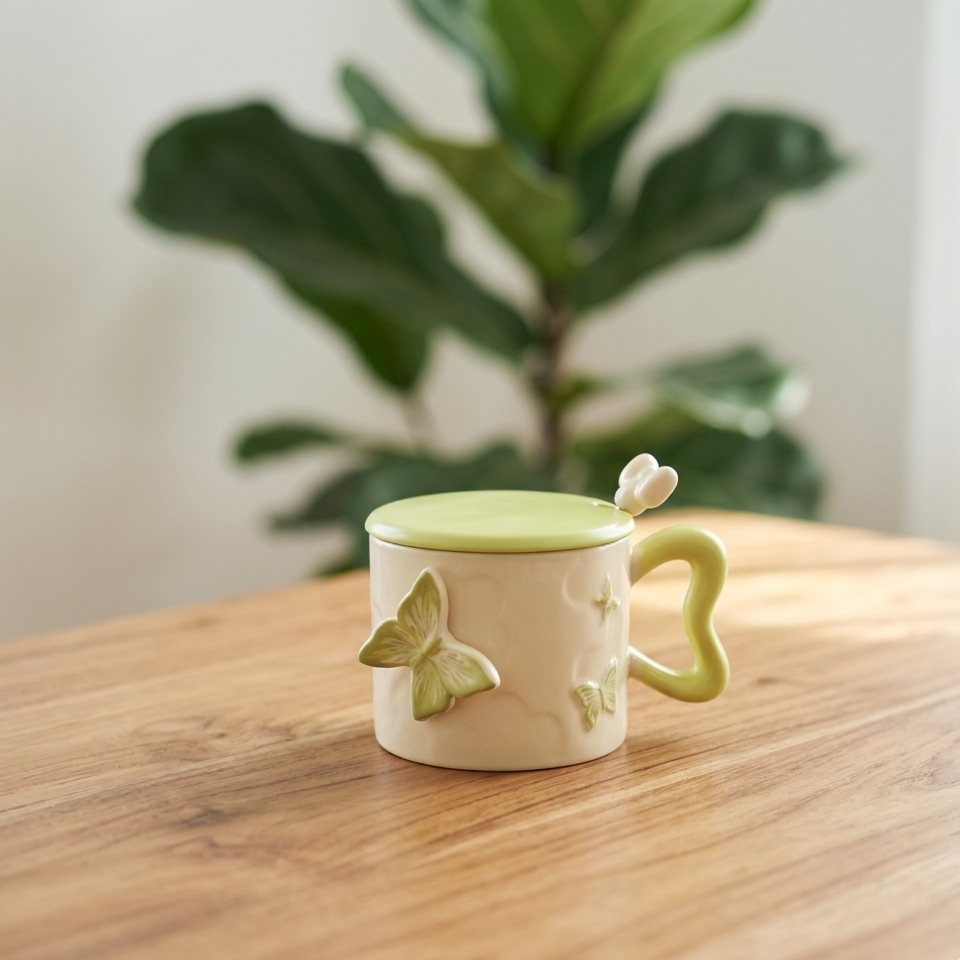Cream Butterfly Mug with Lid and Wavy Handle