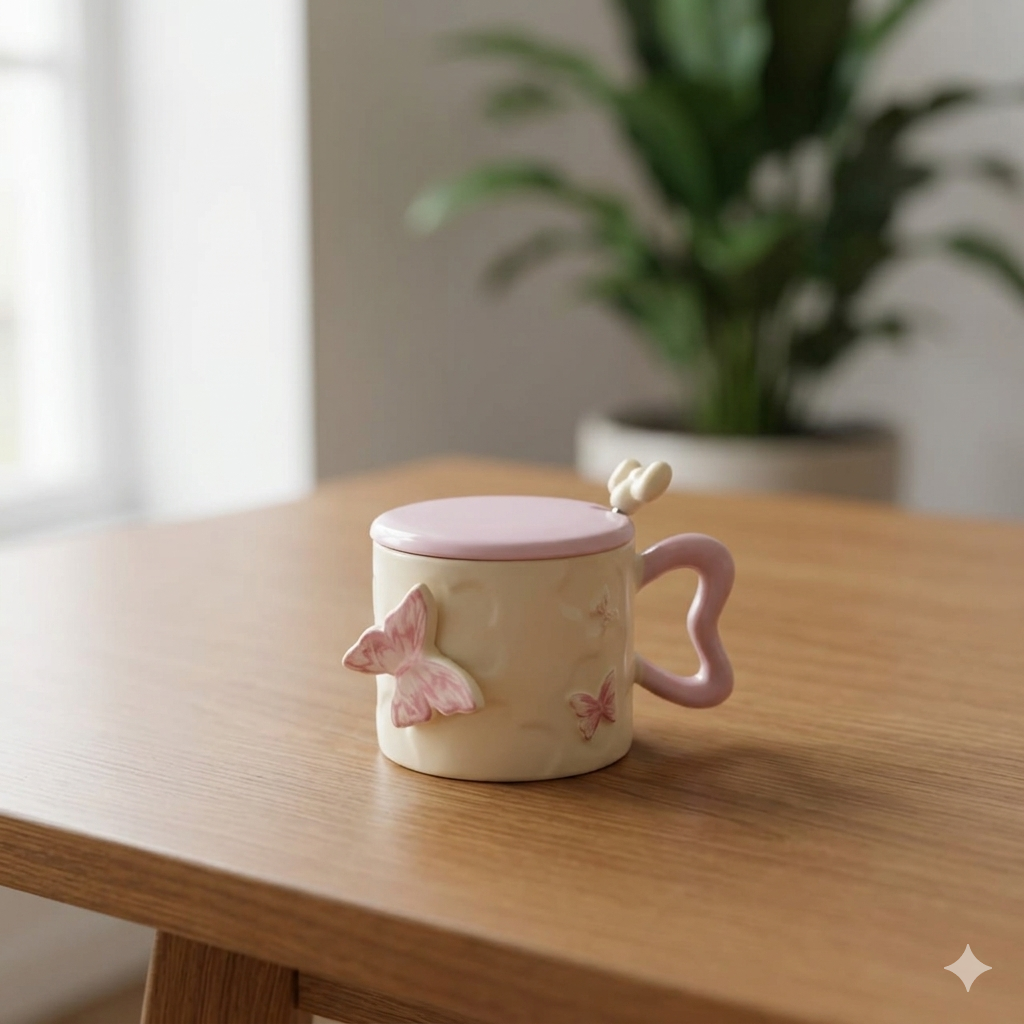 Cream Butterfly Mug with Lid and Wavy Handle