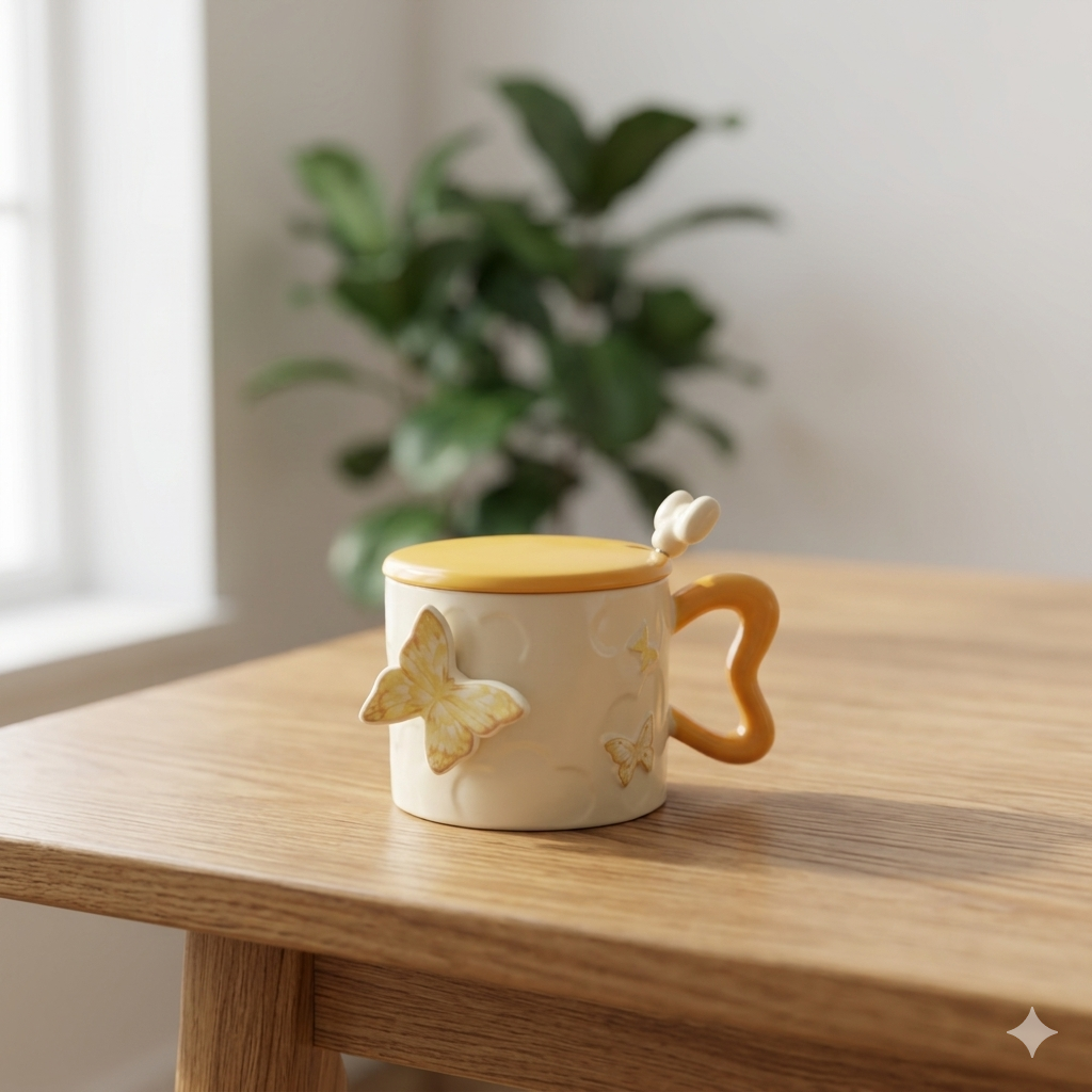 Cream Butterfly Mug with Lid and Wavy Handle