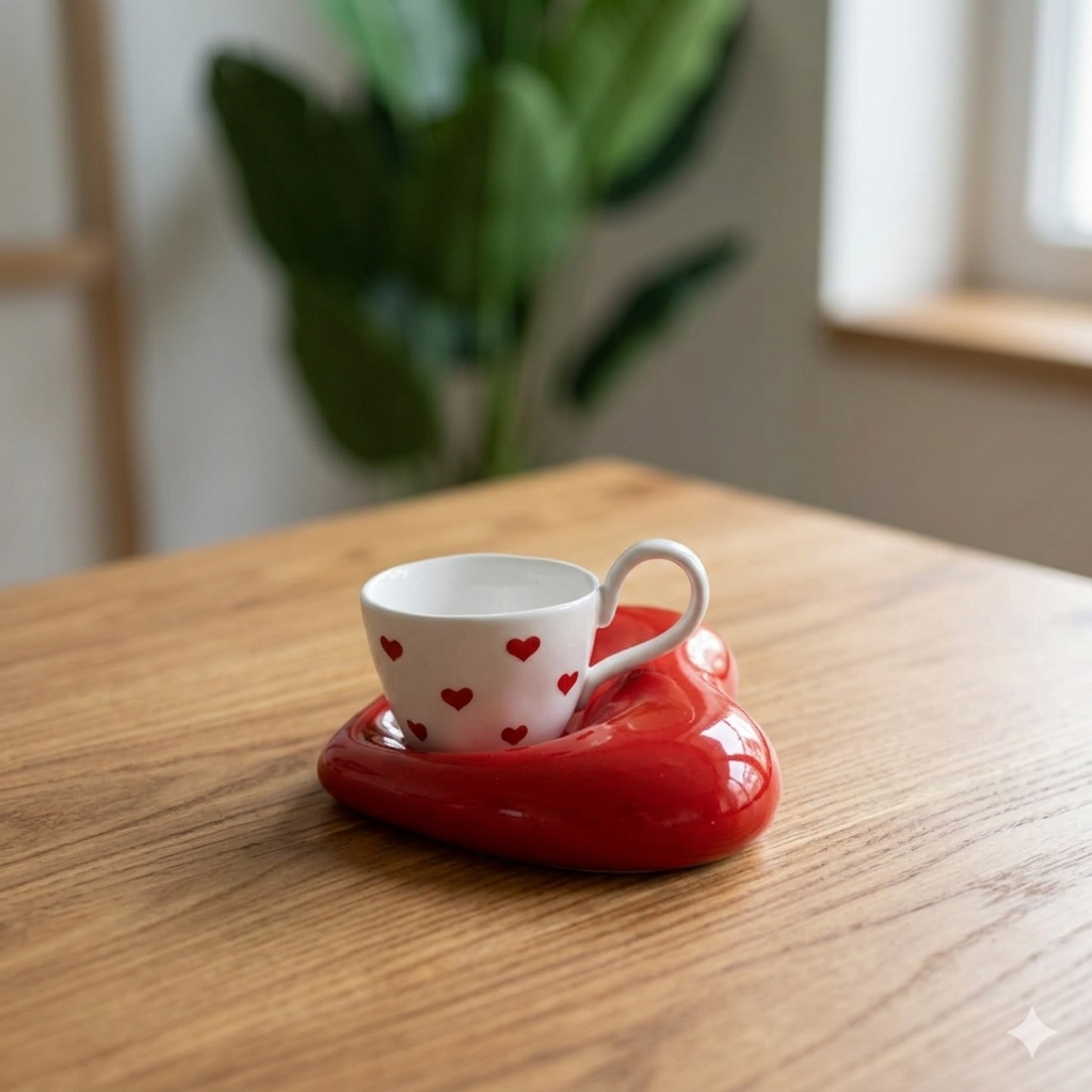 White Heart-Print Espresso Cup with Glossy Red Heart Saucer