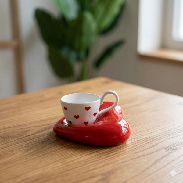 White Heart-Print Espresso Cup with Glossy Red Heart Saucer