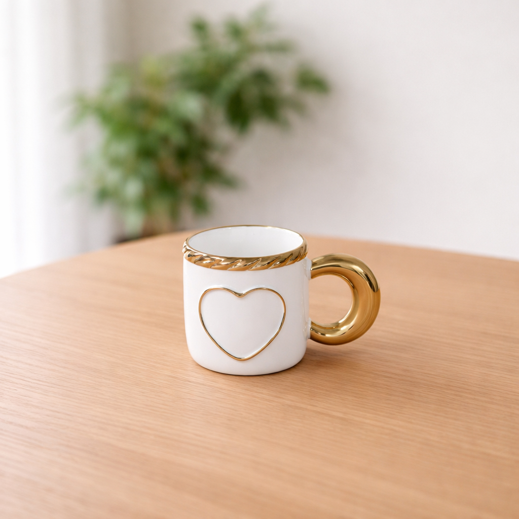 Metallic Gold Heart-Embossed Ceramic Mug