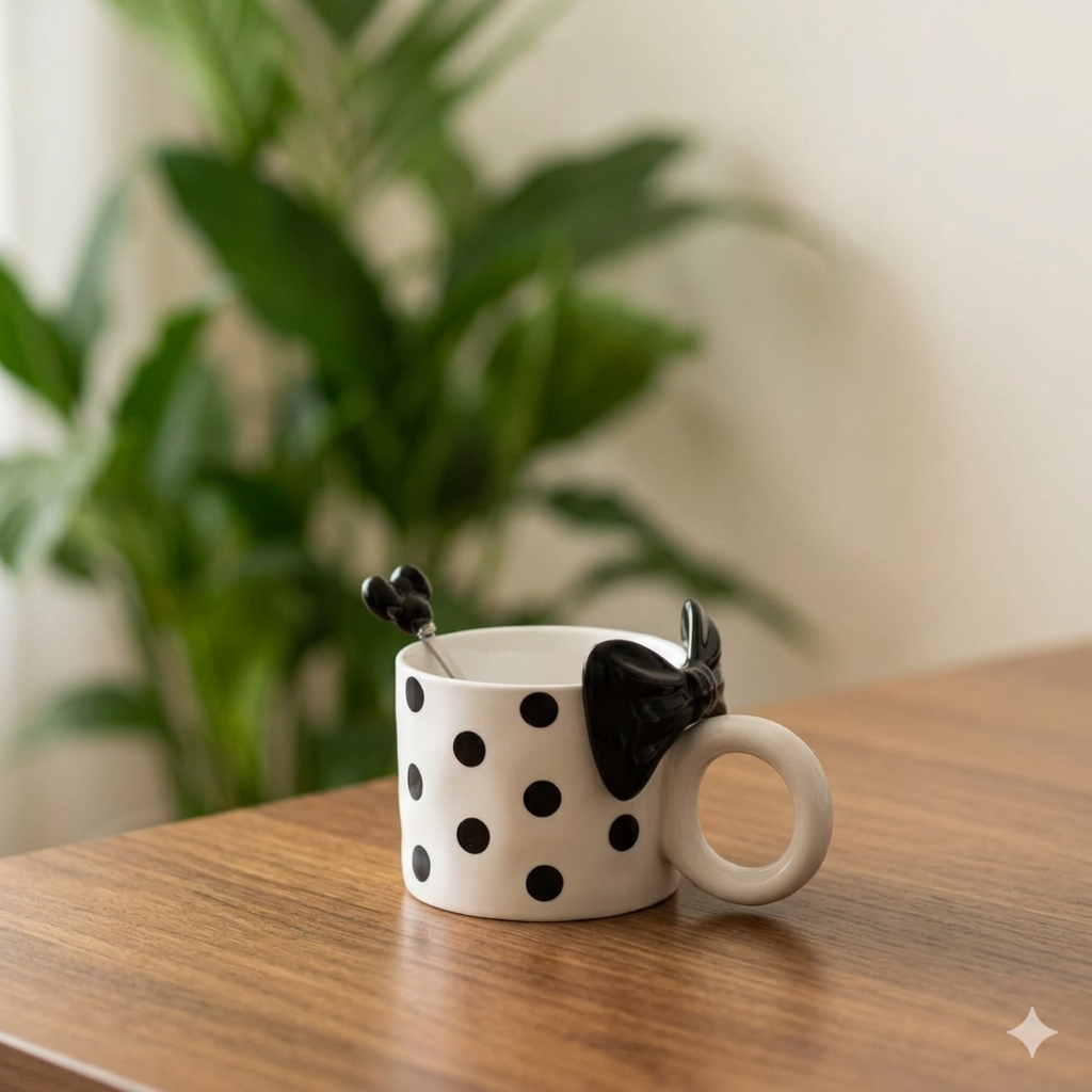 White Ceramic Polka Dot Mug with Bow Accent