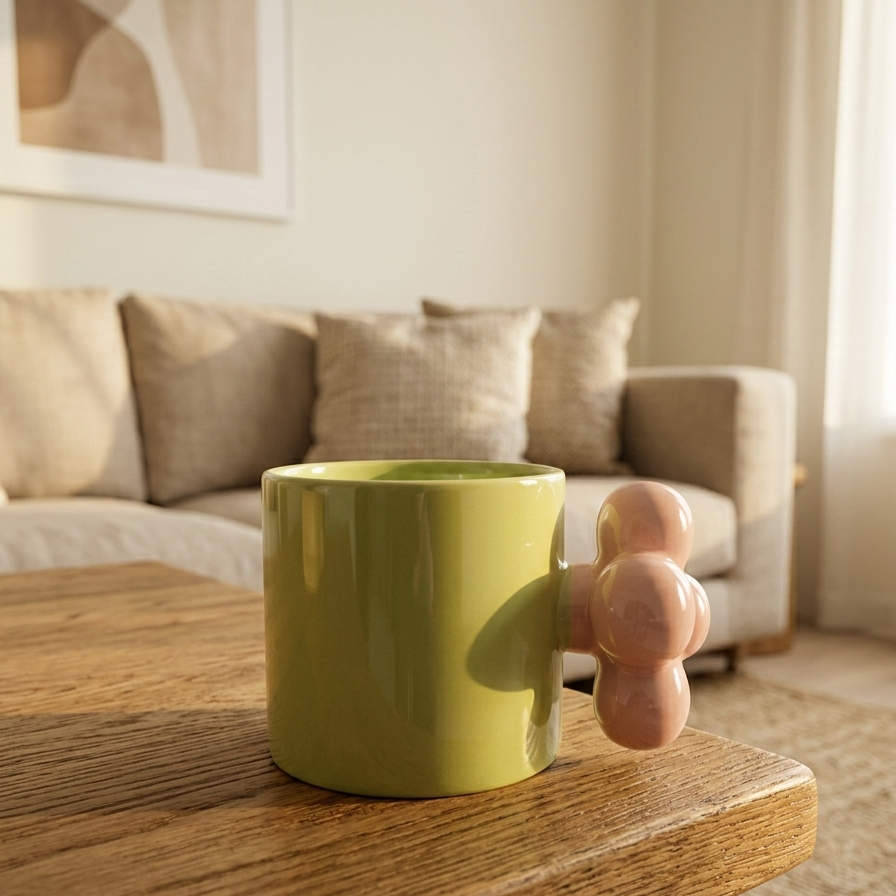 Green Mug with Flower-Shaped Handle