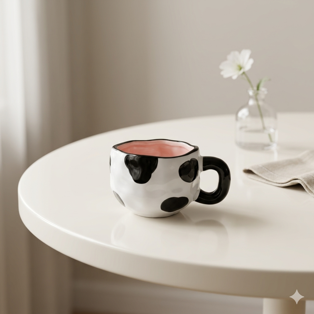 White Ceramic Cow Print Mug with Pink Interior