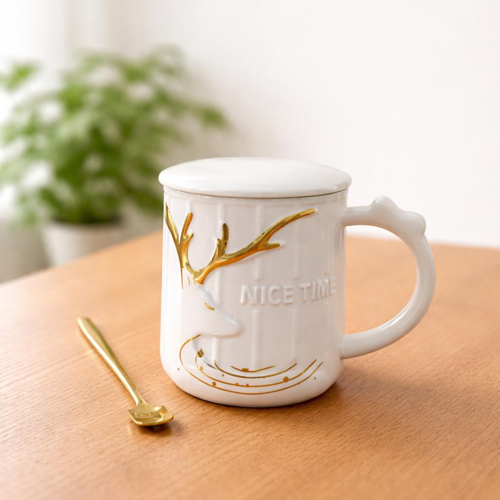 White Ceramic Deer Mug with Gold Antler Accents
